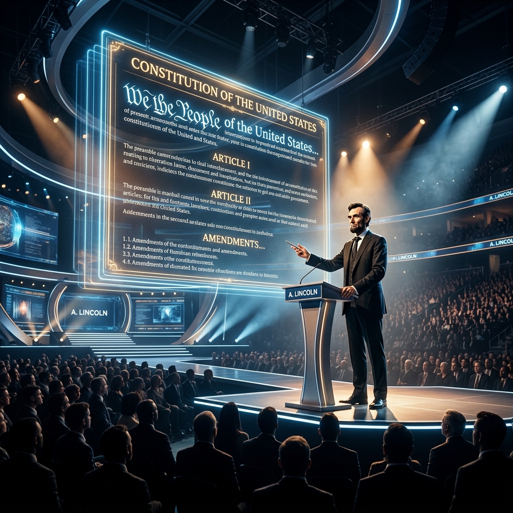 Lincoln delivering a speech on a futuristic stage